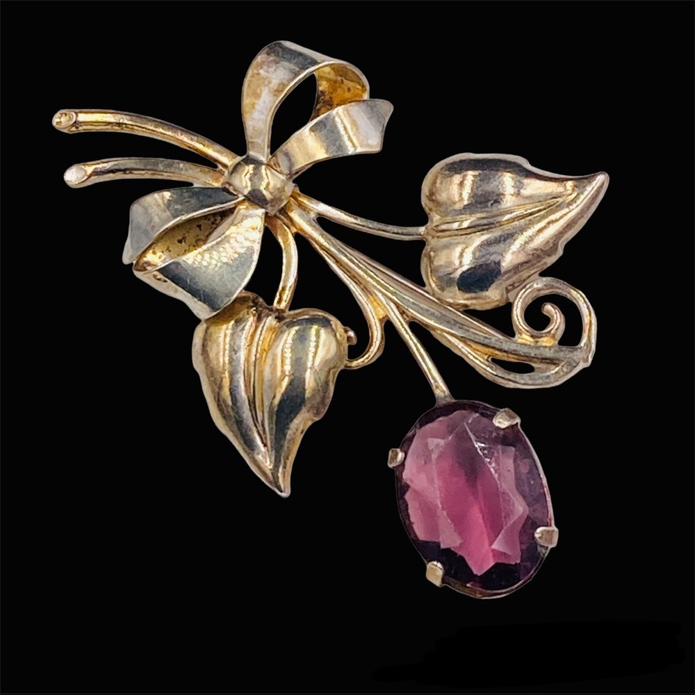Sterling 1940’s Purple Glass Large Floral Brooch